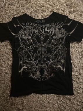 Affliction Black Tee Silver Skeletal Graphic Cut Collar